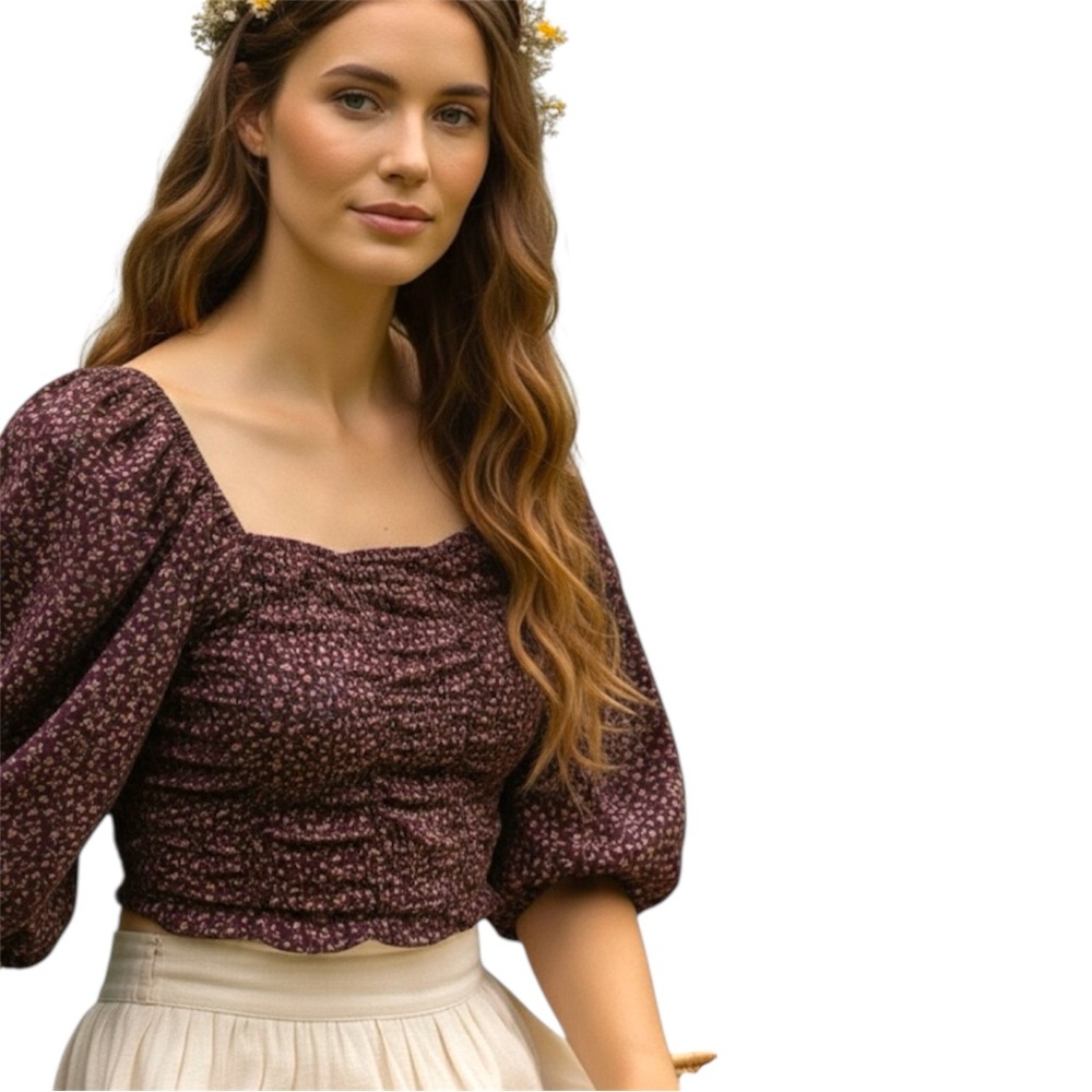 Subdued Floral Cropped Prairie Cottage Core Style Puffed Sleeve Top Size 6